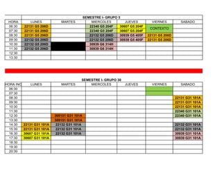 SEMESTRE I- GRUPO 5
HORA LUNES MARTES MIERCOLES JUEVES VIERNES SABADO
06:30 22131 G5 206D 22340 G5 204F 30607 G5 204F
07:30 22131 G5 206D 22340 G5 204F 30607 G5 204F
08:30 22131 G5 206D 22132 G5 206D 30939 G5 405F 22131 G5 206D
09:30 22132 G5 206D 22132 G5 206D 30939 G5 405F 22131 G5 206D
10:30 22132 G5 206D 30939 G6 314H
11:30 22132 G5 206D 30939 G6 314H
12:30
13:30
SEMESTRE I- GRUPO 30
HORA INC LUNES MARTES MIERCOLES JUEVES VIERNES SABADO
06:30
07:30
08:30 22131 G31 101A
09:30 22131 G31 101A
10:30 22131 G31 101A
11:30 22340 G31 101A
12:30 309151 G31 101A 22340 G31 101A
13:30 309151 G31 101A
14:30 22131 G31 101A 22132 G31 101A 22132 G31 101A
15:30 22131 G31 101A 22132 G31 101A 22132 G31 101A
16:30 30607 G31 101A 22132 G31 101A 30939 G31 101A
17:30 30607 G31 101A 30939 G31 101A
18:30
19:30
20:30
CONTEXTO
 