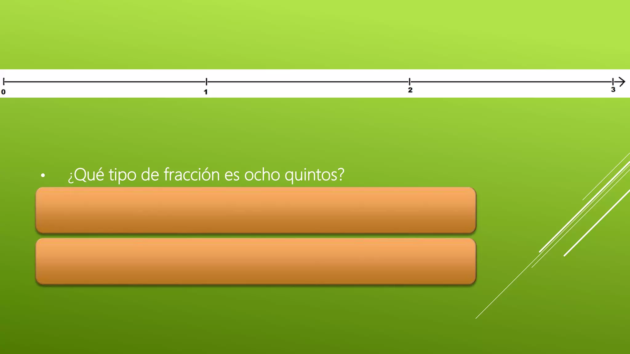 • ¿Qué tipo de fracción es ocho quintos?
• Si quisiéramos ubicarla en la recta, ¿qué tendríamos que
hacer?
• ¿Cuál sería?
 