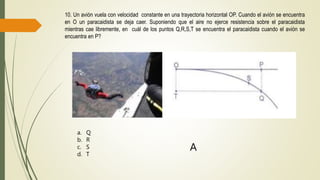 10. Un avión vuela con velocidad constante en una trayectoria horizontal OP. Cuando el avión se encuentra
en O un paracaidista se deja caer. Suponiendo que el aire no ejerce resistencia sobre el paracaidista
mientras cae libremente, en cuál de los puntos Q,R,S,T se encuentra el paracaidista cuando el avión se
encuentra en P?
a. Q
b. R
c. S
d. T
A
 