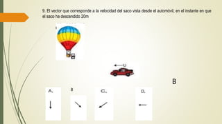 9. El vector que corresponde a la velocidad del saco vista desde el automóvil, en el instante en que
el saco ha descendido 20m
B
B
 
