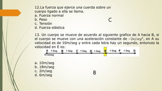 12.La fuerza que ejerce una cuerda sobre un
cuerpo ligado a ella se llama.
a. Fuerza normal
b. Peso
c. Tensión
d. Fuerza elástica
13. Un cuerpo se mueve de acuerdo al siguiente grafico de A hacia B, si
el cuerpo se mueve con una aceleración constante de −2𝑛/𝑠𝑒𝑔2, en A su
velocidad es de 10m/seg y entre cada letra hay un segundo, entonces la
velocidad en E es:
a. 10m/seg
b. 18m/seg
c. 2m/seg
d. 6m/seg
C
B
 