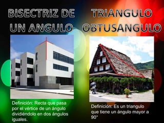 Definición: Recta que pasa
por el vértice de un ángulo
dividiéndolo en dos ángulos
iguales.
Definición: Es un triangulo
que tiene un ángulo mayor a
90°
 