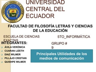 UNIVERSIDAD CENTRAL DEL ECUADOR
 FACULTAD DE FILOSOFÍA LETRAS Y
    CIENCIAS DE LA EDUCACIÓN
  ESCUELA DE CIENCIAS EXACTAS
     CARRERA DE INFORMATICA

    NOMBRE : AVILA VERONICA
      FECHA: 2012/12/06
 