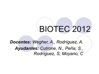BIOTEC 2012
Docentes: Wegher, A., Rodríguez, A.
  Ayudantes: Cutrone, N., Peña, S.,
          Rodríguez, S; Moyano, C
 