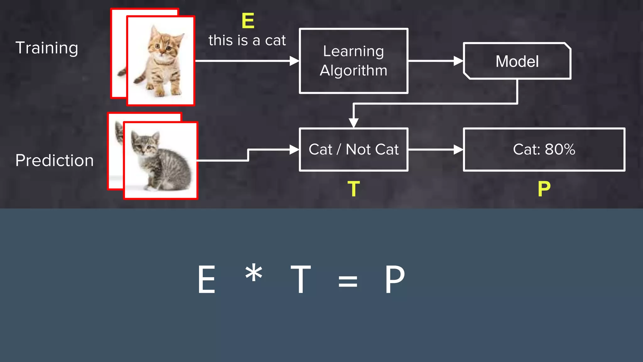 Learning
Algorithm
Cat / Not Cat Cat: 80%
this is a cat
E
Training
Prediction
T P
Model
E * T = P
 