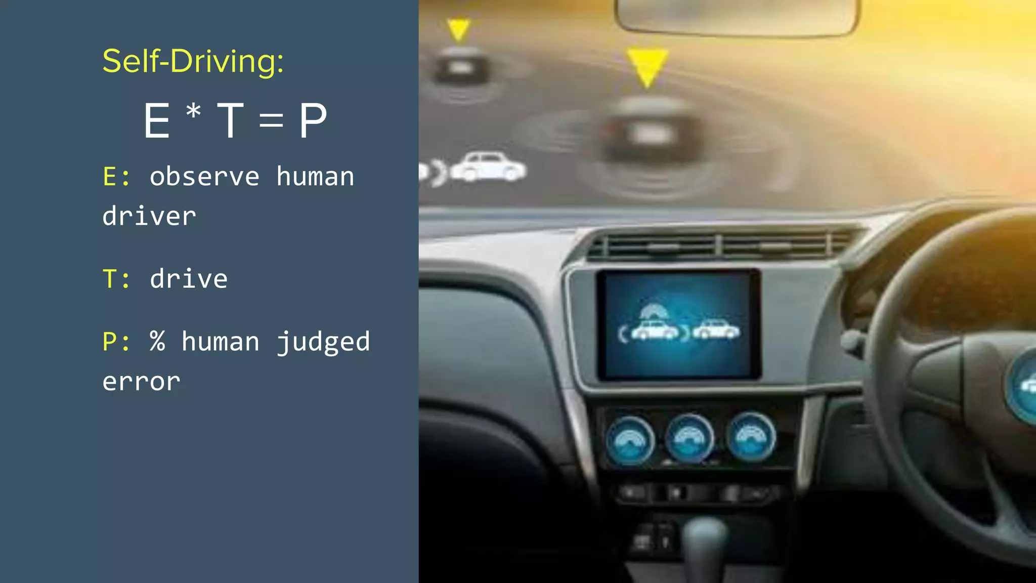 Self-Driving:
E * T = P
E: observe human
driver
T: drive
P: % human judged
error
 