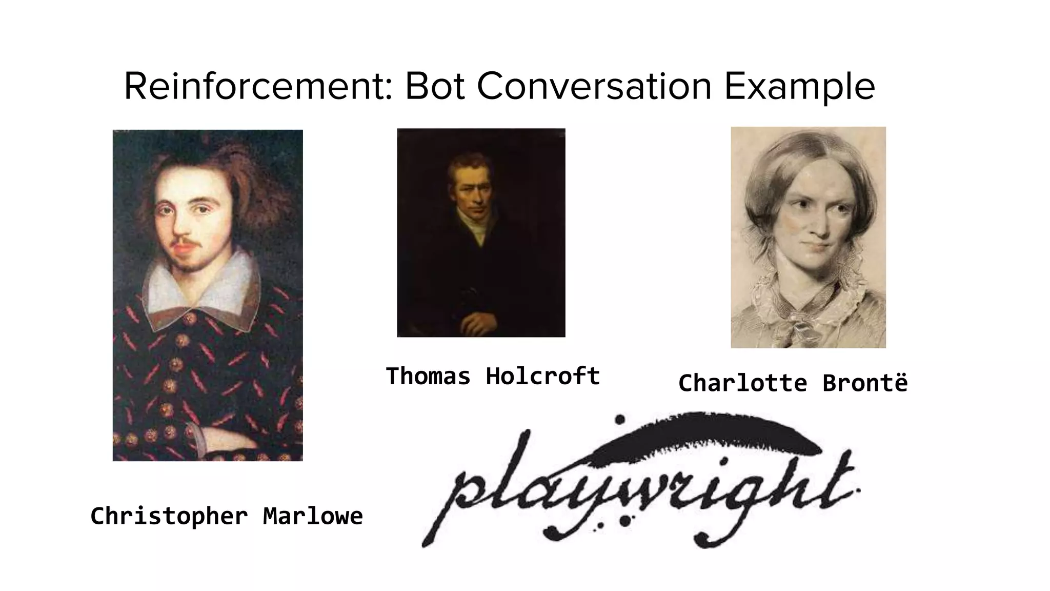 Reinforcement: Bot Conversation Example
Charlotte BrontëThomas Holcroft
Christopher Marlowe
 