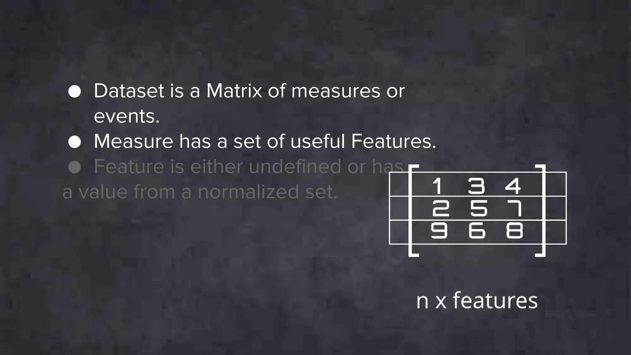 ● Dataset is a Matrix of measures or
events.
● Measure has a set of useful Features.
● Feature is either undefined or has
a value from a normalized set.
 