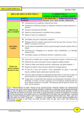 EDUCACIÓN ESPECIAL                                                                                            2011-2012. UNED


                  ÁREA DE EDUCACIÓN FÍSICA                                       U. DIDÁCTICA 3
                                                                         “CON LA MÚSICA A OTRA PARTE”
                                  SESIÓN 3                              3º DE PRIMARIA PABELLÓN ESCOLAR
                                  60 minutos                            Material: Aros, conos, cuerdas, radiocassete,
                                     •   Entrenamiento de la regulación verbal del acto motor
                                     •   Incrementar la inhibición muscular, la relajación y aumentar el control corporal y la
                                         atención.
       OBJETIVOS                     •   Ensayar la internalización del habla
      DE LA SESIÓN                   •   Mejorar el control postural y el equilibrio físico y psíquico
                                     •   Mejorar el ritmo y la coordinación

                                     •   Actividades como poco componente competitivo
                                     •   Pedagogía del éxito, propiciar situaciones de éxito para que ellos vean que “este es
                                         debido a su esfuerzo y no al azar”.
              METODO-                •   Uso de material manipulables atractivos para descargar la tensión corporal sobre los
               LOGÍA                     objetos.
                                     •   Utilización de la Pedagogía de la situación: tareas semidefinidas y no definidas
                                         (Famose,1982).
                                     •   Actividades variadas, con diferentes estímulos o materiales y cortas.


                                     •   Coger, llevar, trasladar, traer y recoger el material antes, durante y al final de la clase
                                     •   Reforzarle tras cada acción motriz correcta, elogiarle en público también.
                                     •   Utilizar el silbato como señal de atención (1 pitido parar, dos pitidos empezar...)
        Pautas con                   •   Después de explicar ir hacia ella para repetirle las consignas básicas.
      nuestra alumna
      durante la clase               •   Al final de la clase unos minutos a solas expresándole sus logros, lo que debe
                                         mejorar, establecer algún contrato para la próxima clase...
                                     •   Extinción: dejar de atender un comportamiento para reducir o evitar que se repita, sin
                                         prestar atención a la conducta problemática (no mirar, no escuchar, no hablar...)
                                     •   Tiempo fuera: Lo puede hacer bien mediante una señal pactada o diciéndolo. Una vez
                                         finalizado, se invitara a la niña a continuar con la actividad que estaba haciendo sin
                                         hacer ninguna referencia a lo sucedido. “Me alegra que quieras seguir las normas. Por
                                         favor, ven con nosotros”.

                      “Retransmitiendo mi baile”. Técnica de las autoinstrucciones. Pretende modificar las verbalizaciones
                  internas que se da cuando realiza cualquier actividad, y sustituirlas por mensajes más apropiados para lograr
      ANIMACIÓN




                  su éxito. El objetivo no es enseñar al niño qué ha de pensar, sino cómo ha de hacerlo, aprender un modo
                  adecuado de resolver los fracasos, hacer frente a nuevas demandas y aumentar la resistencia a la demora
                  de las recompensas. Se le explica que va a ir retransmitiendo en voz alta lo que vaya haciendo, y que tiene
                  que lanzarse mensajes positivos, como si fuera su propio entrenador personal, tales como: “Bien, ¿qué es lo
                  que tengo que hacer? Tengo que …. ¡Despacio y con cuidado! Vale, lo estoy haciendo bastante bien.
                  Levanto un brazo, el otro brazo, los muevo de lado a lado, los bajo, doy un giro, salto abriendo las
                  piernas...(5 min.)




                                                                                                                                  14
          Carlos Pera Ubiergo
 