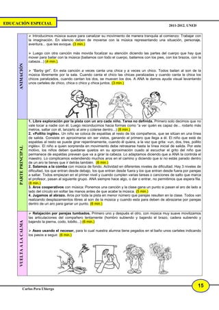 EDUCACIÓN ESPECIAL                                                                                                 2011-2012. UNED

                             Introducimos música suave para canalizar su movimiento de manera tranquila al comienzo: Trabajar con
                          la imaginación. En silencio deben de moverse con la música representando una situación, personaje,
                          aventura... que les evoque. (3 min.)

                            Luego con otra canción más movida focalizar su atención diciendo las partes del cuerpo que hay que
                          mover para bailar con la música (bailamos con todo el cuerpo, bailamos con los pies, con los brazos, con la
                          cabeza...) (4 min.).
      ANIMACIÓN




                             “Barby girl”. En esta canción a veces canta una chica y a veces un chico. Todos bailan al son de la
                          música libremente por la sala. Cuando canta el chico las chicas paralizadas y cuando canta la chica los
                          chicos paralizados, cuando cantan los dos, se mueven los dos. A ANA le damos ayuda visual levantando
                          unos carteles de chico, chica o chico y chica juntos. (3 min.)




                          1. Libre exploración por la pista con un aro cada niño. Tarea no definida. Primero solo decimos que no
                          vale tocar a nadie con él. Luego reconducimos hacia formas como “a ver quién es capaz de... rodarlo más
                          metros, saltar con él, lanzarlo al aire y colarse dentro...) (8 min.)
                          2. «Pollito inglés». Un niño se coloca de espaldas al resto de los compañeros, que se sitúan en una línea
                          de salida. Consiste en aproximarse sin ser vistos, ganando el primero que llega a él. El niño que está de
                          espaldas al resto se puede girar repentinamente, cuando él quiera, a la vez que grita: «un, dos, tres, pollito
                          inglés». El niño a quien sorprenda en movimiento debe retrasarse hasta la línea inicial de salida. Por este
      PARTE PRINCIPAL




                          motivo, los niños deben quedarse quietos en su aproximación cuado al escuchar el grito del niño que
                          permanece de espaldas prevean que va a girar la cabeza. Lo adaptamos diciendo que a ANA la controla el
                          maestro. Lo complicamos extendiendo muchos aros en el camino y diciendo que si no estás parado dentro
                          de un aro te tienes que ir detrás también. (6 min.)
                          2. Salamos a la comba con música de fondo. Actividad en diferentes niveles de dificultad. Hay 3 niveles de
                          dificultad, los que entran desde debajo, los que entran desde fuera y los que entran desde fuera por parejas
                          a saltar. Todos empiezan en el primer nivel y cuando cumplen varias tareas o canciones de salto que marca
                          el profesor, pasan al siguiente grupo. ANA siempre hace algo, o dar o entrar, no permitimos que espera fila.
                          (8 min.)
                          3. Aros cooperativos con música: Ponemos una canción y la clase gana un punto si pasan el aro de lado a
                          lado del círculo sin soltar las manos antes de que acabe la música. (5 min.)
                          4. Jugamos al abrazo. Aros por toda la pista en menor número que parejas resulten en la clase. Todos van
                          realizando desplazamientos libres al son de la música y cuando esta para deben de abrazarse por parejas
                          dentro de un aro para ganar un punto. (6 min.)

                             Relajación por parejas tumbados. Primero uno y después el otro, con música muy suave movilizamos
                          las articulaciones del compañero lentamente (hombro subiendo y bajando el brazo, cadera subiendo y
      VUELTA A LA CALMA




                          bajando la pierna, codo, tobillo...) (6 min.)

                             Aseo usando el neceser, para lo cual nuestra alumna tiene pegados en el baño unos carteles indicando
                          los pasos a seguir. (6 min.)




                                                                                                                                      15
                 Carlos Pera Ubiergo
 