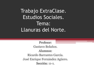 Trabajo ExtraClase.
 Estudios Sociales.
       Tema:
Llanuras del Norte.

           Profesor:
       Gustavo Bolaños.
           Alumnos:
   Ricardo Barrantes García.
José Enrique Fernández Agüero.
         Sección: 11-1.
 