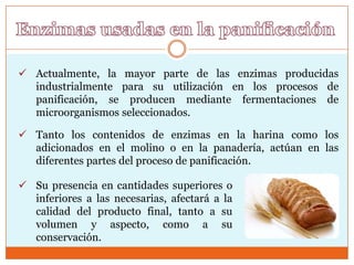  Actualmente, la mayor parte de las enzimas producidas
  industrialmente para su utilización en los procesos de
  panificación, se producen mediante fermentaciones de
  microorganismos seleccionados.

 Tanto los contenidos de enzimas en la harina como los
  adicionados en el molino o en la panadería, actúan en las
  diferentes partes del proceso de panificación.

 Su presencia en cantidades superiores o
  inferiores a las necesarias, afectará a la
  calidad del producto final, tanto a su
  volumen y aspecto, como a su
  conservación.
 