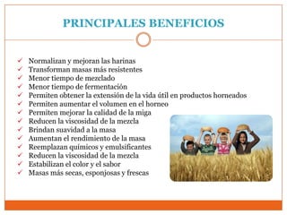 PRINCIPALES BENEFICIOS


   Normalizan y mejoran las harinas
   Transforman masas más resistentes
   Menor tiempo de mezclado
   Menor tiempo de fermentación
   Permiten obtener la extensión de la vida útil en productos horneados
   Permiten aumentar el volumen en el horneo
   Permiten mejorar la calidad de la miga
   Reducen la viscosidad de la mezcla
   Brindan suavidad a la masa
   Aumentan el rendimiento de la masa
   Reemplazan químicos y emulsificantes
   Reducen la viscosidad de la mezcla
   Estabilizan el color y el sabor
   Masas más secas, esponjosas y frescas
 