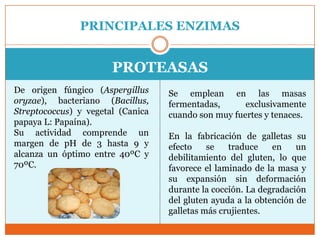PRINCIPALES ENZIMAS


                       PROTEASAS
De origen fúngico (Aspergillus     Se emplean en las masas
oryzae), bacteriano (Bacillus,     fermentadas,      exclusivamente
Streptococcus) y vegetal (Canica   cuando son muy fuertes y tenaces.
papaya L: Papaína).
Su actividad comprende un          En la fabricación de galletas su
margen de pH de 3 hasta 9 y        efecto    se   traduce    en    un
alcanza un óptimo entre 40ºC y     debilitamiento del gluten, lo que
70ºC.                              favorece el laminado de la masa y
                                   su expansión sin deformación
                                   durante la cocción. La degradación
                                   del gluten ayuda a la obtención de
                                   galletas más crujientes.
 