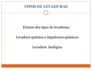 TIPOS DE LEVADURAS




    Existen dos tipos de levaduras:

Levadura química o impulsores químicos

          Levadura biológica
 