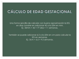 Una forma sencilla de calcular con buena aproximación la EG
en días consiste en adicionar 42 a la LEM en mm.
Ej.: 35mm + 42 = 77 días = 11 semanas.
También se puede adicionar 6.5 a la LEM en cm para calcular la
EG en semanas.
Ej.: 3cm + 6.5 = 9.5 semanas.
 