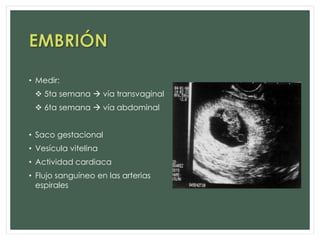 • Medir:
 5ta semana  vía transvaginal
 6ta semana  vía abdominal
• Saco gestacional
• Vesícula vitelina
• Actividad cardiaca
• Flujo sanguíneo en las arterias
espirales
 