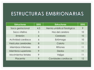 Estructuras SDG Estructuras SDG
Saco gestacional 4.5 Hernia umbilical fisiológica 9
Saco vitelino 5 Hoz del cerebro 10
Embrión 6 Cerebelo 10
Actividad cardiaca 6 Estómago 10
Vesículas cerebrales 8 Calota 11
Miembros inferiores 8 Riñones 11
Miembros superiores 9 Dedos 11
Movimientos fetales 9 Vejiga 11
Placenta 9 Cavidades cardiacas 12
 