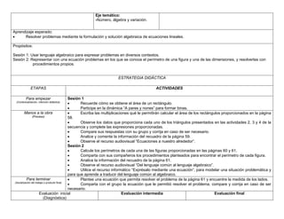 Eje temático:
-Número, álgebra y variación.
Aprendizaje esperado:
 Resolver problemas mediante la formulación y solución algebraica de ecuaciones lineales.
Propósitos:
Sesión 1: Usar lenguaje algebraico para expresar problemas en diversos contextos.
Sesión 2: Representar con una ecuación problemas en los que se conoce el perímetro de una figura y una de las dimensiones, y resolverlas con
procedimientos propios.
ESTRATEGIA DIDÁCTICA
ETAPAS ACTIVIDADES
Para empezar
(Contextualización, intención didáctica)
Sesión 1
 Recuerde cómo se obtiene el área de un rectángulo.
 Participe en la dinámica “A pares y nones” para formar binas.
Manos a la obra
(Proceso)
 Escriba las multiplicaciones qué le permitirán calcular el área de los rectángulos proporcionados en la página
58.
 Observe los datos que proporciona cada uno de los triángulos presentados en las actividades 2, 3 y 4 de la
secuencia y complete las expresiones proporcionadas.
 Compare sus respuestas con su grupo y corrija en caso de ser necesario.
 Analice y comente la información del recuadro de la página 59.
 Observe el recurso audiovisual “Ecuaciones a nuestro alrededor”.
Sesión 2
 Calcule los perímetros de cada una de las figuras proporcionadas en las páginas 60 y 61.
 Comparta con sus compañeros los procedimientos planteados para encontrar el perímetro de cada figura.
 Analice la información del recuadro de la página 61.
 Observe el recurso audiovisual “Del lenguaje común al lenguaje algebraico”.
 Utilice el recurso informático “Exprésalo mediante una ecuación”, para modelar una situación problemática y
para que aprende a traducir del lenguaje común al algebraico.
Para terminar
(Socialización del trabajo o producto final)
 Plantee una ecuación que permita resolver el problema de la página 61 y encuentre la medida de los lados.
 Comparta con el grupo la ecuación que le permitió resolver el problema, compare y corrija en caso de ser
necesario.
Evaluación inicial
(Diagnóstica)
Evaluación intermedia Evaluación final
 