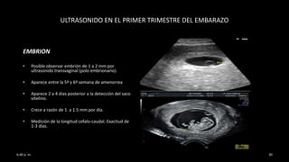 ULTRASONIDO EN EL PRIMER TRIMESTRE DEL EMBARAZO
EMBRION
• Posible observar embrión de 1 a 2 mm por
ultrasonido transvaginal (polo embrionario).
• Aparece entre la 5ª y 6ª semana de amenorrea
• Aparece 2 a 4 días posterior a la detección del saco
vitelino.
• Crece a razón de 1 a 1.5 mm por día.
• Medición de la longitud cefalo-caudal. Exactiud de
1-3 días.
6:40 p. m. 30
 