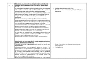 G 6
Selecciónde las palabras claves enel párrafo (resoluciónGuía1):
Propósito:identificarpalabras clave en el párrafo para después
titularlo.
La docente lee el párrafoenvozaltay despuéssolicitaregresarsobre
cada una de sus oracionese ir buscandolas palabrasclavea partir de
la preguntageneral:¿qué informaciónseleccionoporquees
importante?Loimportante esque el niño(a) identifique la(s)palabra
que representaunobjeto, unapersona,unacualidad,algosobre lo
que gira el restode la información. Esaspalabrasdeberánser
subrayadas.
Entre la informaciónque solicitarásubrayardeberánestar:los
sustantivospreguntandoalosestudiantes: ¿dequéo quién me están
hablando?Y,losadjetivoso/yverbosparalocual se preguntará ¿qué
me estándiciendo de lo que me estánhablando? Entantose
seleccionanlaspalabrasclaves,tambiéndeberáexplicarse qué noson
palabrasclavesa travésde ejemplo(artículos,preposicionesy
expresionesque noesténrelacionadasdirectamenteconel temay
por ellotienenpocacargasemántica).Así,losestudiantesubicarán
tanto lasque son,como lasque no son palabrasclaves.
Es importante que losestudiantessepandesde el inicioel númerode
palabrasa subrayar y que no puedensuperarlo.Este esundatoque
la docente debe proporcionardesde uninicio.
Terminadode subrayarlaspalabrasse hará un glosarioconellas.
Identificación del tema de un párrafo usando las palabras clave, con
el fin de titularlo (resolución Guía 1):
Propósito: condensar en pocas palabras la esencia del párrafo para
lograr titularlo.
Ubicadas las palabras claves del párrafo, la docente explicará a los
estudiantesque hay dos estrategias que pueden usar para titular un
párrafo.La primeraesla aprendida sobre palabras clave; la segunda,
es hacerse la pregunta metacognitiva sobre: ¿de qué me están
hablando?(N1),unavezterminadala lectura del párrafo. Además, la
docente señalará que el tema son una o dos palabras, no más. Con
esas dos estrategias podemos titular.
Así, de laspalabrasclaves elegidasse seleccionan dos o tres que irán
- Elige laspalabrasclavesde un texto.
- Enunciaqué son palabrasclaves,cómoidentificarlasy
ejemplifica.
- Extrae el temade un párrafo,usandolaestrategia
metacognitiva.
- Titulapárrafos.
 