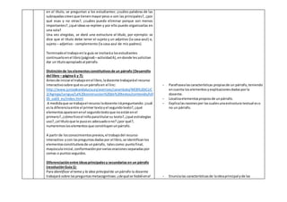 en el título, se preguntan a los estudiantes: ¿cuáles palabras de las
subrayadascreenque tienenmayorpeso o son las principales?, ¿por
qué esas y no otras?, ¿cuáles puedo eliminar porque son menos
importantes?,¿qué ideasse repiten y por ello puedo organizarlas en
una sola?
Una vez elegidas, se dará una estructura al título, por ejemplo: se
dice que el título debe tener el sujeto y un adjetivo (la casa azul) o,
sujeto – adjetivo - complemento (la casa azul de mis padres).
Terminadoel trabajoenla guía se invitaráa losestudiantes
continuarloenel libro(página6–actividadA),endonde lessolicitan
dar un títuloapropiadoal párrafo.
Distinciónde loselementosconstitutivosde un párrafo (Desarrollo
del libro – página 6 y 7):
Antesde iniciarel trabajoenel libro,ladocente trabajaráel recurso
interactivosobre qué esunpárrafoen el linc:
http://www.juntadeandalucia.es/averroes/carambolo/WEB%20JCLIC
2/Agrega/Lengua/La%20construccion%20de%20textos/contenido/lc0
05_oa03_es/index.html
A medidaque se trabajael recurso ladocente irápreguntando: ¿cuál
esla diferenciaentre el primertextoyel segundotexto?,¿qué
elementosaparecenenel segundotextoque noestánenel
primero?, ¿cómohizoel niñoparatitularsu texto?,¿qué estrategias
uso?, ¿el títuloque le pusoes adecuadoono? ¿por qué?,
numeremosloselementosque constituyenunpárrafo.
A partirde losconocimientosprevios,el trabajodel recurso
interactivo ycon laspreguntasdadaspor el libro,se identificanlos
elementosconstitutivosde unpárrafo, talescomo:puntofinal,
mayúsculainicial,conformaciónporvariasoracionesseparadaspor
comas o puntosseguidos.
Diferenciaciónentre ideasprincipalesy secundarias en un párrafo
(resoluciónGuía1):
Para identificar el tema y la idea principalde unpárrafo la docente
trabajará sobre laspreguntasmetacognitivas: ¿dequése habló enel
- Parafrasealascaracterísticas propiasde un párrafo,teniendo
encuenta loselementosyexplicacionesdadasporla
docente.
- Localizaelementospropiosde unpárrafo.
- Explicalasrazonespor lascualesunaestructura textual eso
no un párrafo.
- Enuncialas característicasde laideaprincipal yde las
 