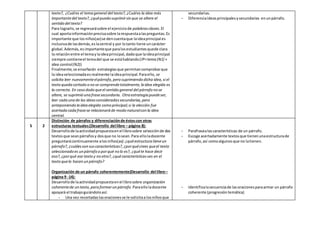 texto?, ¿Cuáles el temageneral del texto?, ¿Cuáles la idea más
importantedel texto?, ¿quépuedo suprimirsinque se altere el
sentido del texto?
Para lograrlo,se regresarásobre el ejerciciode palabrasclaves.El
cual aportainformaciónprecisasobre larespuestaalaspreguntas.Es
importante que losniños(as)se dencuentaque laideaprincipal es
inclusivade lasdemás,eslacentral y por lotanto tiene uncarácter
global.Además,esimportanteque paralosestudiantesquede clara
la relaciónentre el temaylaideaprincipal,dadoque laideaprincipal
siempre contieneel temadel que se estáhablando(IP=tema(N1) +
idea control(N2))
Finalmente,se enseñarán estrategiasque permitancomprobarque
la ideaseleccionadaesrealmente laideaprincipal.Paraello, se
solicita leer nuevamenteelpárrafo,pero suprimiendo dicha idea,si el
textoquedacortado o no se comprendetotalmente,laidea elegida es
la correcta. En caso dado queel sentido general del párrafo no se
altere, se suprimió unafrasesecundaria. Otraestrategiapuedeser,
leer cadaunade las ideasconsideradassecundarias,pero
anteponiendo laideaelegida como principal;si la elección fue
acertadacadafrasese relacionaráde modo naturalconla idea
central.
secundarias.
- Diferenciaideasprincipalesysecundarias enunpárrafo.
S 2
Distinción de párrafos y diferenciaciónde éstoscon otras
estructuras textuales(Desarrollo del libro – página 8):
Desarrollode laactividadpropuestaenel librosobre selecciónde dos
textosque seanpárrafosy dosque no losean.Para elloladocente
preguntarácontinuamente alosniños(as):¿quéestructuratieneun
párrafo?, ¿cuálessonsuscaracterísticas?, ¿porquécrees queel texto
seleccionado es unpárrafo o porqué no lo es?, ¿quéte hace decir
eso?, ¿porqué ese textoy no otro?, ¿quécaracterísticasves en el
textoquelo hacenunpárrafo?
Organización de un párrafo coherentemente(Desarrollo del libro–
página 9 -14):
Desarrollode laactividadpropuestaenel librosobre organización
coherentede untexto,paraformarunpárrafo.Paraelloladocente
apoyará el trabajoguiándoloasí:
- Una vez recortadaslasoracionesse le solicitaa losniñosque
- Parafrasealascaracterísticas de un párrafo.
- Escoge acertadamente textosque tienenunaestructurade
párrafo,así comoalgunosque no latienen.
- Identificalasecuenciade lasoracionesparaarmar un párrafo
coherente (progresión temática)
 