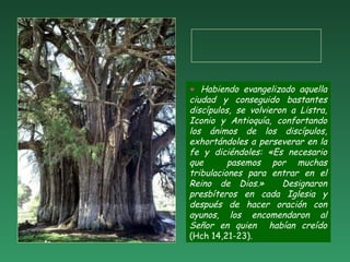 + Habiendo evangelizado aquella
ciudad y conseguido bastantes
discípulos, se volvieron a Listra,
Iconio y Antioquía, confortando
los ánimos de los discípulos,
exhortándoles a perseverar en la
fe y diciéndoles: «Es necesario
que pasemos por muchas
tribulaciones para entrar en el
Reino de Dios.» Designaron
presbíteros en cada Iglesia y
después de hacer oración con
ayunos, los encomendaron al
Señor en quien habían creído
(Hch 14,21-23).
 