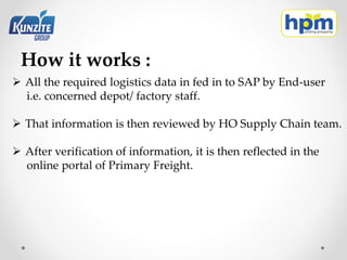 How it works :
 All the required logistics data in fed in to SAP by End-user
i.e. concerned depot/ factory staff.
 That information is then reviewed by HO Supply Chain team.
 After verification of information, it is then reflected in the
online portal of Primary Freight.
 