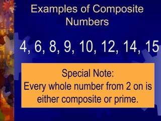 Examples of Composite
Numbers
4, 6, 8, 9, 10, 12, 14, 15
Special Note:
Every whole number from 2 on is
either composite or prime.
 