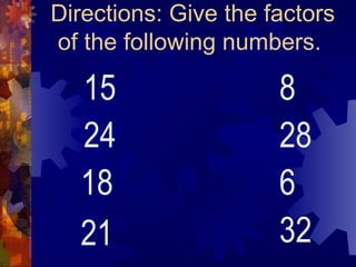 Directions: Give the factors
of the following numbers.
15
24
18
21
8
28
6
32
 