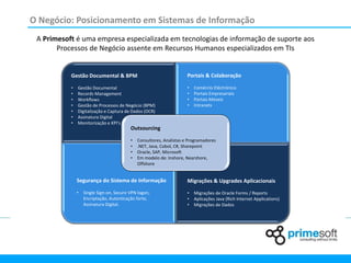 O Negócio: Posicionamento em Sistemas de Informação
 A Primesoft é uma empresa especializada em tecnologias de informação de suporte aos
       Processos de Negócio assente em Recursos Humanos especializados em TIs


           Gestão Documental & BPM                                    Portais & Colaboração

           •   Gestão Documental                                      •   Comércio Eléctrónico
           •   Records Management                                     •   Portais Empresariais
           •   Workflows                                              •   Portais Móveis
           •   Gestão de Processos de Negócio (BPM)                   •   Intranets
           •   Digitalização e Captura de Dados (OCR)
           •   Assinatura Digital
           •   Monitorização e KPI’s
                                          Outsourcing

                                          •   Consultores, Analistas e Programadores
                                          •   .NET, Java, Cobol, C#, Sharepoint
                                          •   Oracle, SAP, Microsoft
                                          •   Em modelo de: Inshore, Nearshore,
                                              Offshore


               Segurança do Sistema de Informação                     Migrações & Upgrades Aplicacionais
               •   Single Sign-on, Secure VPN logon,                  •   Migrações de Oracle Forms / Reports
                   Encriptação, Autenticação forte,                   •   Aplicações Java (Rich Internet Applications)
                   Assinatura Digital.                                •   Migrações de Dados
 