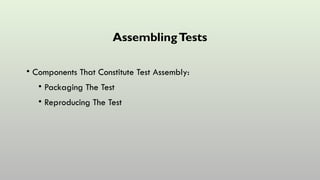 AssemblingTests
• Components That Constitute Test Assembly:
• Packaging The Test
• Reproducing The Test
 