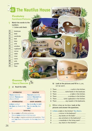 26
The Nautilus Housea2
Grammar
There is/There are
2 a) Read the table.
3 Fill in: Is there or Are there. Look at the
pictures and answer the questions.
1 Is there a table in the kitchen? Yes, there is.
2 ............. a mirror in the bedroom? .....................
3 ............. any books on the beds? ......................
4 ............. any armchairs in the bedrooms? .........
5 ............. a wardrobe in the living room? ...........
6 ............. any chairs in the kitchen? ...................
There’s a bed in the
bedroom. There are some
pillows on the bed.
There isn’t a desk in the
bedroom. Therearen’tany
paintingsonthewalls.
INTERROGATIVE SHORT ANSWERS
Is there a window?
Are there any flowers in the
vase?
Yes, there is./No, there isn’t.
Yes, there are./No, there
aren’t.
AFFIRMATIVE NEGATIVE
bookcase
desk
wardrobe
bed
door
sink
window
cupboard
mirror
table
chair
stairs
sofa
garden
floor
A
B
C
D
E
F
G
H
I
J
K
L
M
N
O
b) Look at the pictures and fill in: is, are,
isn’t or aren’t.
1 There .............................. a sofa in the kitchen.
2 There .................. some books in the bookcase.
3 There ............................ a table in the kitchen.
4 There ........................ a window in the kitchen.
5 There .............. some cupboards in the kitchen.
6 There .................. any towels in the bedrooms.
Some/Any
ñ We use some in affirmative sentences.
There are some armchairs in the living room.
ñ We use any in negative sentences and questions. There
aren’t any flowers in the garden. Are there any chairs in the
study?
2
3
4
5
6 7
8
9
10
11
15
12
13 14
1
see
p. GR2
Vocabulary
Furniture/Fixtures
1 Match the words to the
numbers.
Listen and check.
02 Prime Time Elem_UpInt Leaflet_02 Prime Time Elem_UpInt Leaflet 27/03/2012 8:28 ΜΜ Page 10
 
