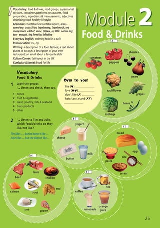 2
25
Vocabulary: food & drinks, food groups, supermarket
sections, containers/partitives, restaurants, food
preparation, ingredients & measurements, adjectives
describing food, healthy lifestyles
Grammar: countable/uncountable nouns, a/an –
some/any, quantifiers (how)many, (how)much, too
many/much, alotof, some, (a)few, (a)little, no/notany,
too–enough,-ingform/(to)infinitive
Everyday English: ordering food in a café
Pronunciation: /n/, /…/
Writing: a description of a food festival; a text about
places to eat out; a description of your own
restaurant; an email about a favourite dish
Culture Corner: Eating out in the UK
Curricular (Science): Food for life
2 Listen to Tim and Julie.
Which foods/drinks do they
like/not like?
Tim likes …, but he doesn’t like …
Julie likes ..., but she doesn’t like ...
Vocabulary
Food & Drinks
1 Label the groups.
Listen and check, then say.
1 drinks
2 fruit & vegetables
3 meat, poultry, fish & seafood
4 dairy products
5 other
orange
juicelemonade
coffee
tea
OVER TO YOU!
I like (♥) ........................
I love (♥♥) .....................
I don’t like (✗) ................
I hate/can’t stand (✗✗)
.........................
tomatoes
peppers
cherries
grapes
pears
cauliflower
beans
cabbage
A
pasta
bread
eggs
rice
cereal
B
D
cheese
yogurt
butter
milk
C
E
beef
lamb
salmon
prawn
chicken
trout
cod
tuna
Food & Drinks
05 Prime Time Elem_UpInt Leaflet_05 Prime Time 1_4 INT Leaflet 27/03/2012 8:35 ΜΜ Page 37
 