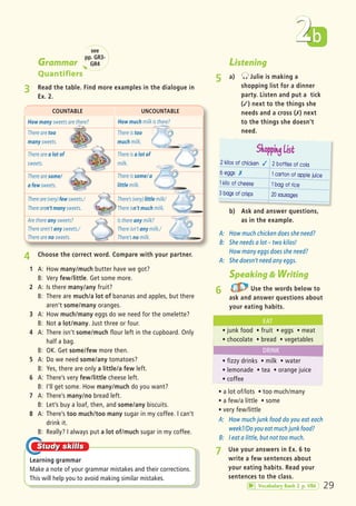 Grammar
Quantifiers
3 Read the table. Find more examples in the dialogue in
Ex. 2.
Listening
5 a) Julie is making a
shopping list for a dinner
party. Listen and put a tick
(✓) next to the things she
needs and a cross (✗) next
to the things she doesn’t
need.
b) Ask and answer questions,
as in the example.
A: How much chicken does she need?
B: She needs a lot – two kilos!
How many eggs does she need?
A: She doesn’t need any eggs.
A: How much junk food do you eat each
week?/Do you eat much junk food?
B: I eat a little, but not too much.
Speaking & Writing
6 Use the words below to
ask and answer questions about
your eating habits.
Learning grammar
Make a note of your grammar mistakes and their corrections.
This will help you to avoid making similar mistakes.
b
4 Choose the correct word. Compare with your partner.
1 A: How many/much butter have we got?
B: Very few/little. Get some more.
2 A: Is there many/any fruit?
B: There are much/a lot of bananas and apples, but there
aren’t some/many oranges.
3 A: How much/many eggs do we need for the omelette?
B: Not a lot/many. Just three or four.
4 A: There isn’t some/much flour left in the cupboard. Only
half a bag.
B: OK. Get some/few more then.
5 A: Do we need some/any tomatoes?
B: Yes, there are only a little/a few left.
6 A: There’s very few/little cheese left.
B: I’ll get some. How many/much do you want?
7 A: There’s many/no bread left.
B: Let’s buy a loaf, then, and some/any biscuits.
8 A: There’s too much/too many sugar in my coffee. I can’t
drink it.
B: Really? I always put a lot of/much sugar in my coffee.
ñ fizzy drinks ñ milk ñ water
ñ lemonade ñ tea ñ orange juice
ñ coffee
ñ a lot of/lots ñ too much/many
ñ a few/a little ñ some
ñ very few/little
ñ junk food ñ fruit ñ eggs ñ meat
ñ chocolate ñ bread ñ vegetables
EAT
DRINK
29
COUNTABLE UNCOUNTABLE
How many sweets are there? How much milk is there?
There are too
many sweets.
There is too
much milk.
There are a lot of
sweets.
There is a lot of
milk.
There are some/
a few sweets.
There is some/ a
little milk.
There are (very) few sweets./
There aren’t many sweets.
There’s (very) little milk/
There isn’t much milk.
Are there any sweets?
There aren’t any sweets./
There are no sweets.
Is there any milk?
There isn’t any milk./
There’s no milk.
2 kilos of chicken ✓
6 eggs ✗
1 kilo of cheese
3 bags of crisps
2 bottles of cola
1 carton of apple juice
1 bag of rice
20 sausages
Shopping List
2see
pp. GR3-
GR4
Vocabulary Bank 2 p. VB6
7 Use your answers in Ex. 6 to
write a few sentences about
your eating habits. Read your
sentences to the class.
05 Prime Time Elem_UpInt Leaflet_05 Prime Time 1_4 INT Leaflet 27/03/2012 8:35 ΜΜ Page 41
 