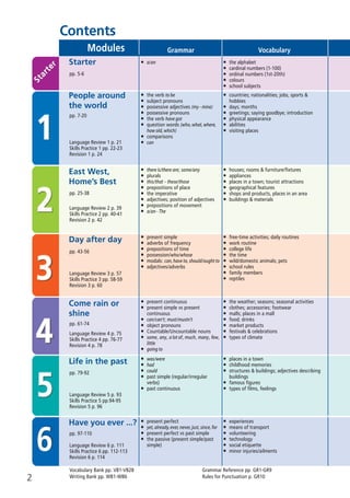 2
Contents
Modules Grammar Vocabulary
ñ countries; nationalities; jobs, sports &
hobbies
ñ days; months
ñ greetings; saying goodbye; introduction
ñ physical appearance
ñ abilities
ñ visiting places
ñ houses; rooms & furniture/fixtures
ñ appliances
ñ places in a town; tourist attractions
ñ geographical features
ñ shops and products, places in an area
ñ buildings & materials
ñ free-time activities; daily routines
ñ work routine
ñ college life
ñ the time
ñ wild/domestic animals; pets
ñ school rules
ñ family members
ñ reptiles
ñ the verb to be
ñ subject pronouns
ñ possessive adjectives (my - mine)
ñ possessive pronouns
ñ the verb have got
ñ question words (who, what, where,
how old, which)
ñ comparisons
ñ can
ñ the alphabet
ñ cardinal numbers (1-100)
ñ ordinal numbers (1st-20th)
ñ colours
ñ school subjects
ñ a/an
ñ there is/there are; some/any
ñ plurals
ñ this/that - these/those
ñ prepositions of place
ñ the imperative
ñ adjectives; position of adjectives
ñ prepositions of movement
ñ a/an - The
ñ present simple
ñ adverbs of frequency
ñ prepositions of time
ñ possession/who/whose
ñ modals: can, have to, should/ought to
ñ adjectives/adverbs
ñ present continuous
ñ present simple vs present
continuous
ñ can/can’t; must/mustn’t
ñ object pronouns
ñ Countable/Uncountable nouns
ñ some, any, a lot of, much, many, few,
little
ñ going to
ñ was/were
ñ had
ñ could
ñ past simple (regular/irregular
verbs)
ñ past continuous
ñ places in a town
ñ childhood memories
ñ structures & buildings; adjectives describing
buildings
ñ famous figures
ñ types of films, feelings
pp. 7-20
pp. 5-6
pp. 25-38
East West,
Home’s Best
pp. 43-56
Day after day
Come rain or
shine
pp. 61-74
Language Review 3 p. 57
Skills Practice 3 pp. 58-59
Revision 3 p. 60
Life in the past
pp. 79-92
People around
the world
Starter
Language Review 1 p. 21
Skills Practice 1 pp. 22-23
Revision 1 p. 24
Language Review 2 p. 39
Skills Practice 2 pp. 40-41
Revision 2 p. 42
ñ the weather; seasons; seasonal activities
ñ clothes; accessories; footwear
ñ malls; places in a mall
ñ food; drinks
ñ market products
ñ festivals & celebrations
ñ types of climate
Language Review 4 p. 75
Skills Practice 4 pp. 76-77
Revision 4 p. 78
Language Review 5 p. 93
Skills Practice 5 pp.94-95
Revision 5 p. 96
1
2
3
4
5
Starter
ñ present perfect
ñ yet, already, ever, never, just, since, for
ñ present perfect vs past simple
ñ the passive (present simple/past
simple)
ñ experiences
ñ means of transport
ñ volunteering
ñ technology
ñ social etiquette
ñ minor injuries/ailments
Have you ever ...?
pp. 97-110
Language Review 6 p. 111
Skills Practice 6 pp. 112-113
Revision 6 p. 114
6
Vocabulary Bank pp. VB1-VB28
Writing Bank pp. WB1-WB6
Grammar Reference pp. GR1-GR9
Rules for Punctuation p. GR10
01 Prime Time Elem_UpInt Leaflet_01 Prime Time Elem_UpInt Leaflet 27/03/2012 8:26 ΜΜ Page 6
 