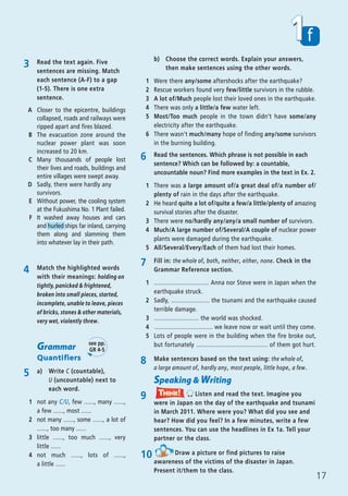 17
f1
Grammar
Quantifiers
5 a) Write C (countable),
U (uncountable) next to
each word.
1 not any C/U, few ......, many ......,
a few ......, most ......
2 not many ......, some ......, a lot of
......, too many ......
3 little ......, too much ......, very
little ......
4 not much ......, lots of ......,
a little ......
6 Read the sentences. Which phrase is not possible in each
sentence? Which can be followed by: a countable,
uncountable noun? Find more examples in the text in Ex. 2.
1 There was a large amount of/a great deal of/a number of/
plenty of rain in the days after the earthquake.
2 He heard quite a lot of/quite a few/a little/plenty of amazing
survival stories after the disaster.
3 There were no/hardly any/any/a small number of survivors.
4 Much/A large number of/Several/A couple of nuclear power
plants were damaged during the earthquake.
5 All/Several/Every/Each of them had lost their homes.
see pp.
GR 4-5
4 Match the highlighted words
with their meanings: holding on
tightly, panicked & frightened,
broken into small pieces, started,
incomplete, unable to leave, pieces
of bricks, stones & other materials,
very wet, violently threw.
7 Fill in: the whole of, both, neither, either, none. Check in the
Grammar Reference section.
1 ................................. Anna nor Steve were in Japan when the
earthquake struck.
2 Sadly, ....................... the tsunami and the earthquake caused
terrible damage.
3 ........................... the world was shocked.
4 ................................... we leave now or wait until they come.
5 Lots of people were in the building when the fire broke out,
but fortunately ........................................... of them got hurt.
8 Make sentences based on the text using: the whole of,
a large amount of, hardly any, most people, little hope, a few.
Speaking & Writing
9 Listen and read the text. Imagine you
were in Japan on the day of the earthquake and tsunami
in March 2011. Where were you? What did you see and
hear? How did you feel? In a few minutes, write a few
sentences. You can use the headlines in Ex 1a. Tell your
partner or the class.
Think!TThink!hink!
10 Draw a picture or find pictures to raise
awareness of the victims of the disaster in Japan.
Present it/them to the class.
3 Read the text again. Five
sentences are missing. Match
each sentence (A-F) to a gap
(1-5). There is one extra
sentence.
A Closer to the epicentre, buildings
collapsed, roads and railways were
ripped apart and fires blazed.
B The evacuation zone around the
nuclear power plant was soon
increased to 20 km.
C Many thousands of people lost
their lives and roads, buildings and
entire villages were swept away.
D Sadly, there were hardly any
survivors.
E Without power, the cooling system
at the Fukushima No. 1 Plant failed.
F It washed away houses and cars
and hurled ships far inland, carrying
them along and slamming them
into whatever lay in their path.
b) Choose the correct words. Explain your answers,
then make sentences using the other words.
1 Were there any/some aftershocks after the earthquake?
2 Rescue workers found very few/little survivors in the rubble.
3 A lot of/Much people lost their loved ones in the earthquake.
4 There was only a little/a few water left.
5 Most/Too much people in the town didn’t have some/any
electricity after the earthquake.
6 There wasn’t much/many hope of finding any/some survivors
in the burning building.
08 Prime Time Elem_UpInt Leaflet_08 Prime Time Elem_UpInt Leaflet 23/05/2012 6:37 ΜΜ Page 87
 