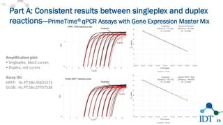 Part A: Consistent results between singleplex and duplex
reactions—PrimeTime® qPCR Assays with Gene Expression Master Mix
19
Amplification	
  plot:
•	
  Singleplex,	
  black	
  curves
•	
  Duplex,	
  red	
  curves
Assay	
  IDs
HPRT:	
  	
  	
  Hs.PT.58v.45621572
GUSB:	
  	
  Hs.PT.58v.27737538
 