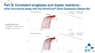 Part B: Consistent singleplex and duplex reactions–
other commercial assay with the PrimeTime® Gene Expression Master Mix
20
Amplification	
  plot:
•	
  Singleplex,	
  black	
  curves
•	
  Duplex,	
  red	
  curves
 