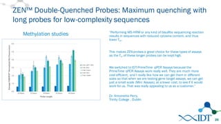 “Performing MS-HRM or any kind of bisulfite sequencing reaction
results in sequences with reduced cytosine content, and thus
lower Tm.
This makes ZEN probes a great choice for these types of assays
as the Tm of these longer probes can be kept high.
We switched to IDT PrimeTime qPCR Assays because the
PrimeTime qPCR Assays work really well. They are much more
cost efficient, and I really like how we can get them in different
sizes so that when we are testing gene target assays, we can get
just a small scale (Mini Assays), at a lower cost, to see if it would
work for us. That was really appealing to us as a customer.”
Dr. Antoinette Perry,
Trinity College , Dublin
ZEN™ Double-Quenched Probes: Maximum quenching with
long probes for low-complexity sequences
Methylation studies
26
 