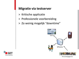 Migratie via testserver
> Kritische applicatie
> Professionele voorbereiding
> Zo weinig mogelijk “downtime”
 