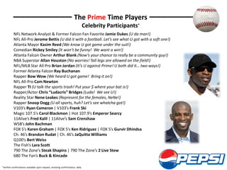 The Prime Time Players
                                                                               Celebrity Participants*
          NFL Network Analyst & Former Falcon Fan Favorite Jamie Dukes (U da man!)
          NFL All-Pro Jerome Bettis (U did it with a football. Let’s see what U got with a soft one!)
          Atlanta Mayor Kasim Reed (We know U got game under the suit!)
          Comedian Rickey Smiley (It won’t be funny! We want a win!)
          Atlanta Falcon Owner Arthur Blank (Now’s your chance to really be a community guy!)
          NBA Superstar Allan Houston (No worries! Tall legs are allowed on the field!)
          NFL/MLB Star All Pro Brian Jordan (It’s U against Prime! U both did it… two ways!)
          Former Atlanta Falcon Ray Buchanan
          Rapper Bow Wow (We heard U got game! Bring it on!)
          NFL All-Pro Cam Newton
          Rapper TI (U talk the sports trash! Put your $ where your bat is!)
          Rapper/Actor Chris “Ludacris” Bridges (Luda! We see U!)
          Reality Star Nene Leakes (Represent for the females, NeNe!)
          Rapper Snoop Dogg (U all sports, huh? Let’s see whatcha got!)
          V103’s Ryan Cameron | V103’s Frank Ski
          Magic 107.5’s Carol Blackmon | Hot 107.9’s Emperor Searcy
          11Alive’s Fred Kalil | 11Alive’s Sam Crenshaw
          WSB’s John Bachman
          FOX 5’s Karen Graham | FOX 5’s Ken Ridriguez | FOX 5’s Gurvir Dhindsa
          Ch. 46’s Brandon Rudat | Ch. 46’s JaQuitta Williams
          Q100’s Bert Weiss
          The Fish’s Lara Scott
          790 The Zone’s Steak Shapiro | 790 The Zone’s 2 Live Stew
          680 The Fan’s Buck & Kincade

*written confirmations available upon request; receiving confirmations daily
 