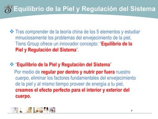 Equilibrio de la Piel y Regulación del Sistema Tras comprender de la teoría china de los 5 elementos y estudiar minuciosamente los problemas del envejecimiento de la piel, Tiens Group ofrece un innovador concepto: “ Equilibrio de la Piel y Regulación del Sistema ”. “ Equilibrio de la Piel y Regulación del Sistema ” Por medio de  regular por dentro y nutrir por fuera  nuestro cuerpo, eliminar los factores fundamentales del envejecimiento de la piel y al mismo tiempo proveer de energía a tu piel,  creamos el efecto perfecto para el interior y exterior del cuerpo. 
