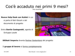 Cos'è accaduto nei primi 9 mesi?  fine novembre Nuovo Help Desk con Kublai  in cui si parla di Reti Glocali e del documento di progetto Entra  Danilo Castagnetti , agente di Sviluppo Locale DEStati  Imperia diventa  Partner Sostenitore GLOBULA  Soluzioni Multimediali diventa  Partner Tecnologico   Il  gruppo di lavoro  si  forma completamente 