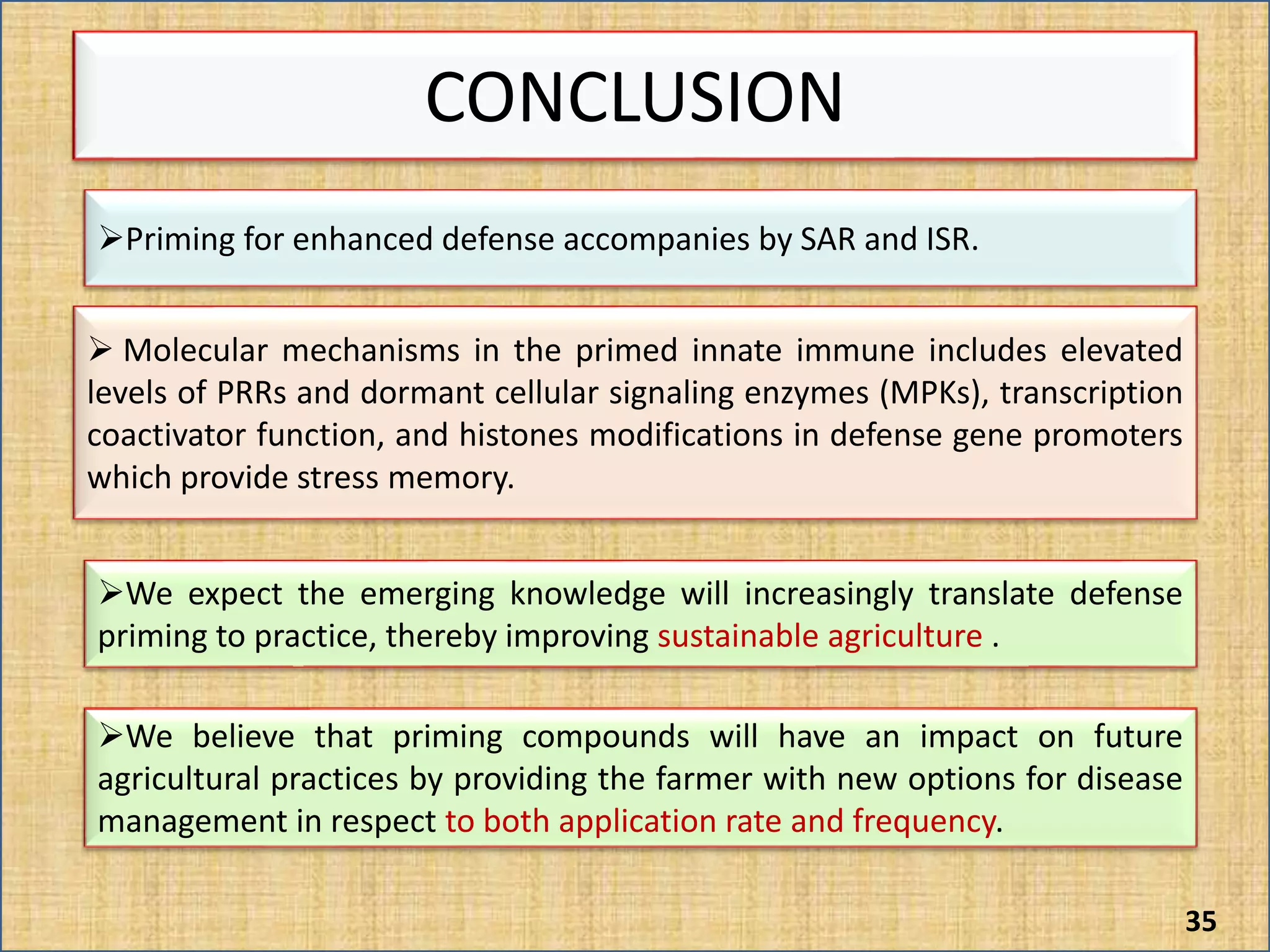 Priming for enhanced defense accompanies by SAR and ISR.
 Molecular mechanisms in the primed innate immune includes elevated
levels of PRRs and dormant cellular signaling enzymes (MPKs), transcription
coactivator function, and histones modifications in defense gene promoters
which provide stress memory.
We expect the emerging knowledge will increasingly translate defense
priming to practice, thereby improving sustainable agriculture .
We believe that priming compounds will have an impact on future
agricultural practices by providing the farmer with new options for disease
management in respect to both application rate and frequency.
CONCLUSION
35
 