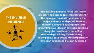 THE INVISIBLE
INFLUENCE
The Invisible Influence notes that “mere
exposure [to other people] increases liking.”
The more you meet with your peers, the
stronger your relationships will become.
Therefore, simply “Showing Face” and
presenting your ideas on any subject should
always be considered a benefit for
relationship-building. Time is money to
many people but perhaps more importantly,
time is an experience that can be shared
 