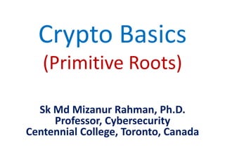Crypto Basics
(Primitive Roots)
Sk Md Mizanur Rahman, Ph.D.
Professor, Cybersecurity
Centennial College, Toronto, Canada
 