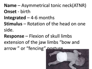 Name – Asymmetrical tonic neck(ATNR)
Onset - birth
Integrated – 4-6 months
Stimulus – Rotation of the head on one
side.
Re...