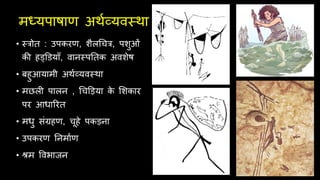 मध्यपाषाण अर्थव्यवस्र्ा
• स्त्रोि : उपकरण, शैलचचत्र, पशुओं
की हड्डडयाूँ, वानस्पतिक अवशेष
• बहुआयामी अर्थव्यवस्र्ा
• मछली पालन , चचडड़या क
े सशकार
पर आधाररि
• मधु िंग्रहण, चूहे पकड़ना
• उपकरण तनमाथण
• श्रम ववभाजन
 